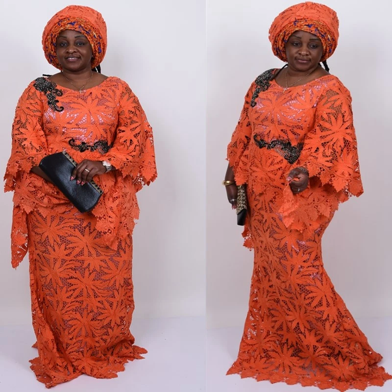 Африканский гипюр Kalume в стиле листьев кружевная ткань оранжевое нигерийское