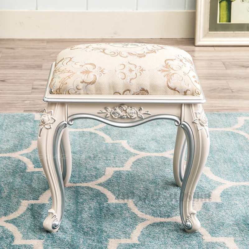 European Style Makeup Stool Sofa Stool White Carved Shoe Changing Stool Leather Art Dining Table Chair Dressing Table Stool