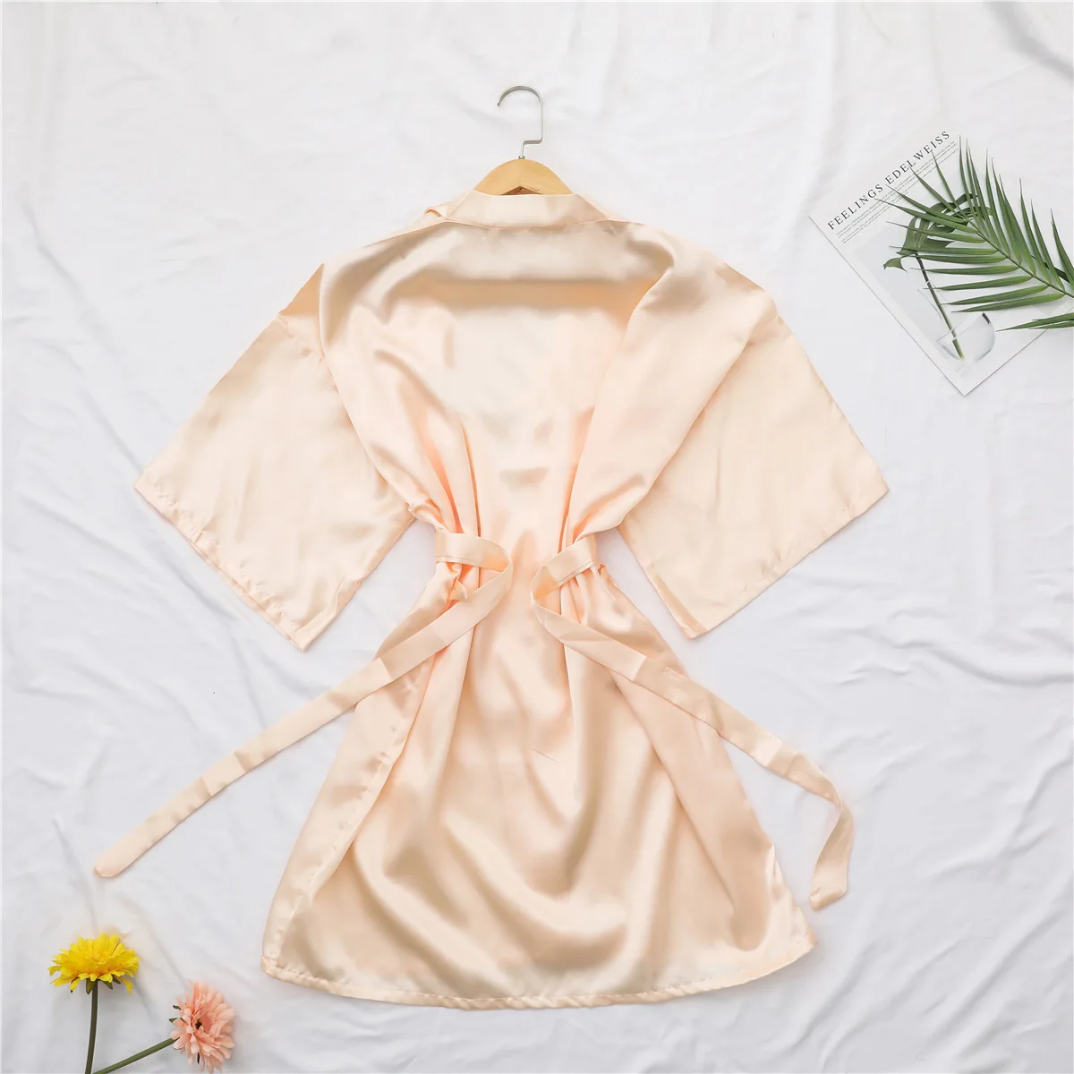 

Summer Women Simulation Silk Solid-colored Gown Single-piece Short Kimono Yukata Bath Robe