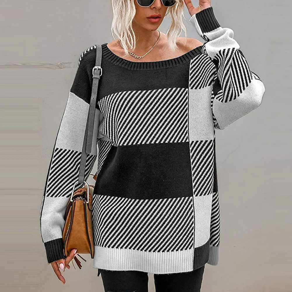 

Mandylandy Autumn Winter Fashion Long Sleeve Loose Plaid Stitching Sweater Women's Casual O-Neck Pullover Knitted Sweater