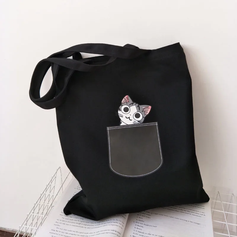 

Large Canvas Tote Bag for Women 2021 Cotton Cloth Shoulder Shopper Bag Cute Cartoon Cat Eco Reusable Shopping Bag Female Handbag