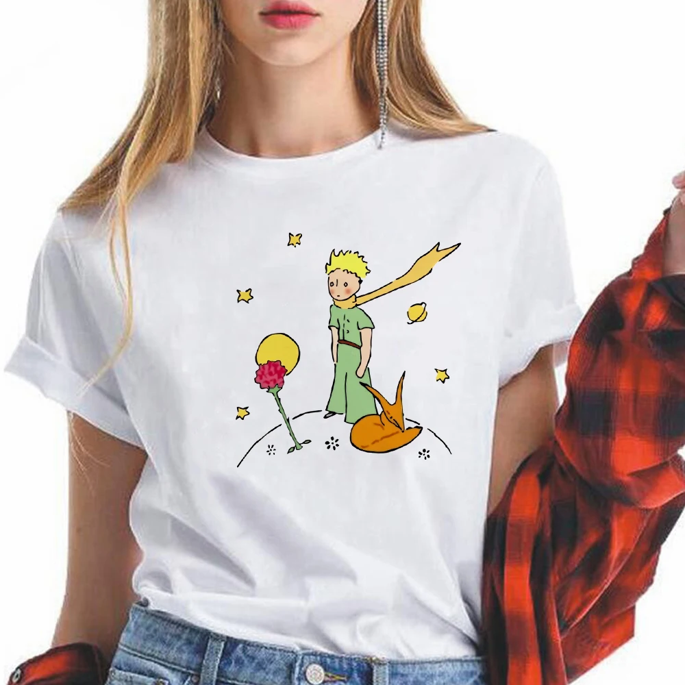 

Summer T-shirt Children's Fairy Tales Print Women's T-shirts The Little Prince and His Roses Aesthetic Spring New Crewneck Tops