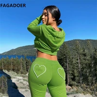 fagadoer autumn embroidery tracksuit two piece zipper hooded crop top elastic waist high pants green casual sport outfits 2021