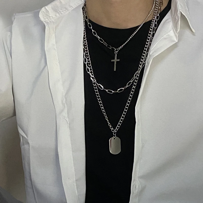

Personality Cross Square Metal Multilayer Hip Hop Long Chain Pendant Cool Simple Necklace for Women Men Punk Jewelry Gifts