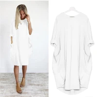 cotton dress autumn long sleeve elegant casual streetwear plus size women clothing round neck solid loose knee pullover pocket