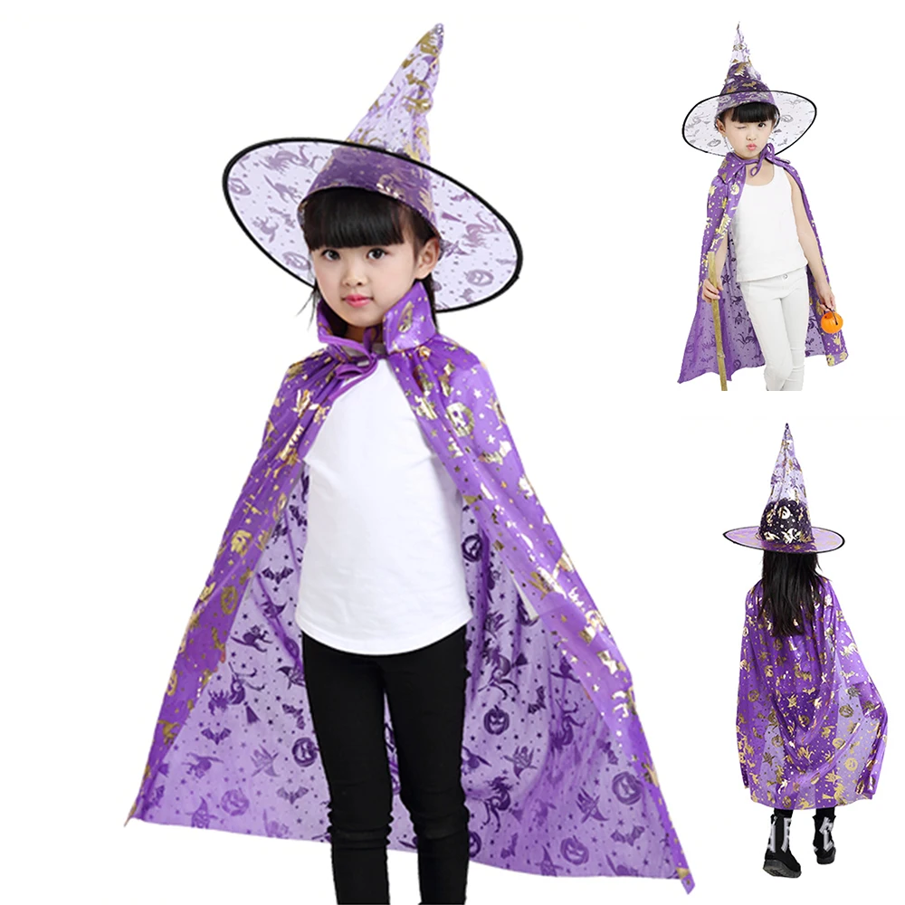 

BORUIT 2021 New Little Wizard Halloween Cloak with Hat Boys Girls Party Cosplay Cloak Clothing Suitable Height 80-140 cm