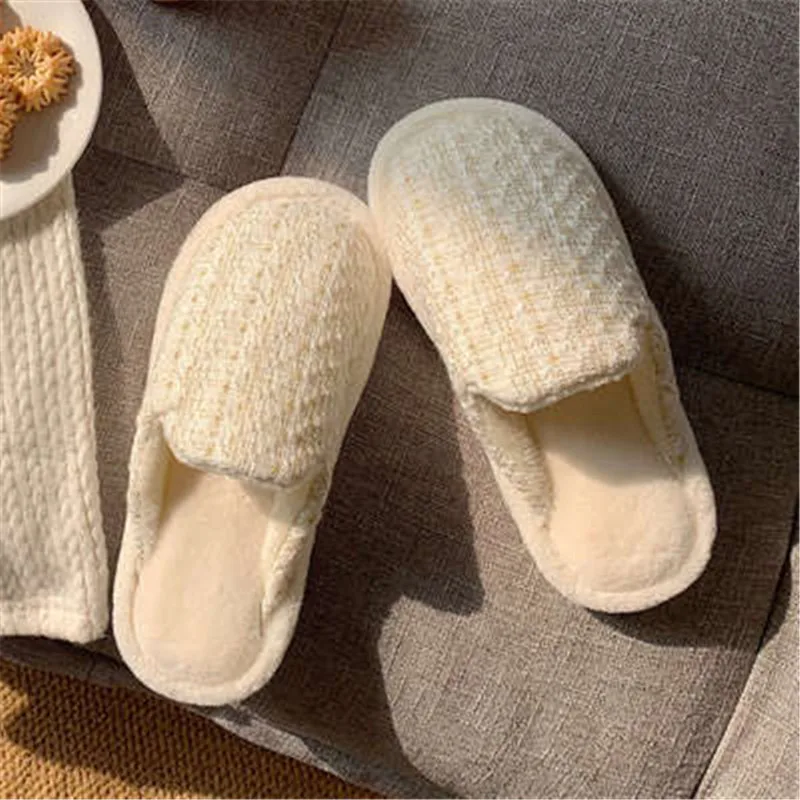 

Korean Simple Autumn Winter Home Cotton Shoes Fashion Plaid Warm Women's Slippers Indoor Comfortable Soft Flat Slippers