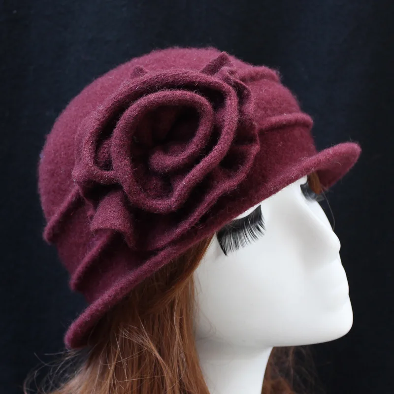 

Autumn Winter 100% Wool Cap Elegant Ladies Girls Hats Fashion Vintage Women Bucket Hat Solid Color Flower Decoration