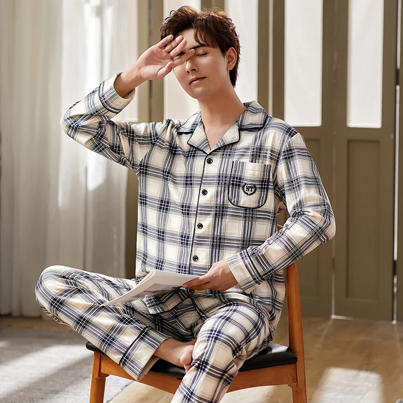 

2Pieces/set Men's 100% Cotton Homewear Pajamas Elegant Male Casual Sleepwear Autumn Winter Large Size Comfortable Sleep Pyjama