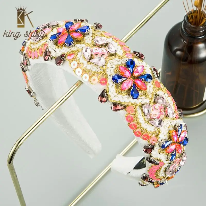 

2021 Baroque Colorful Crystal Flower Headband for Woman Luxurious Rhinestone Padded Diamond Headpiece Girls Party Hair Accessory