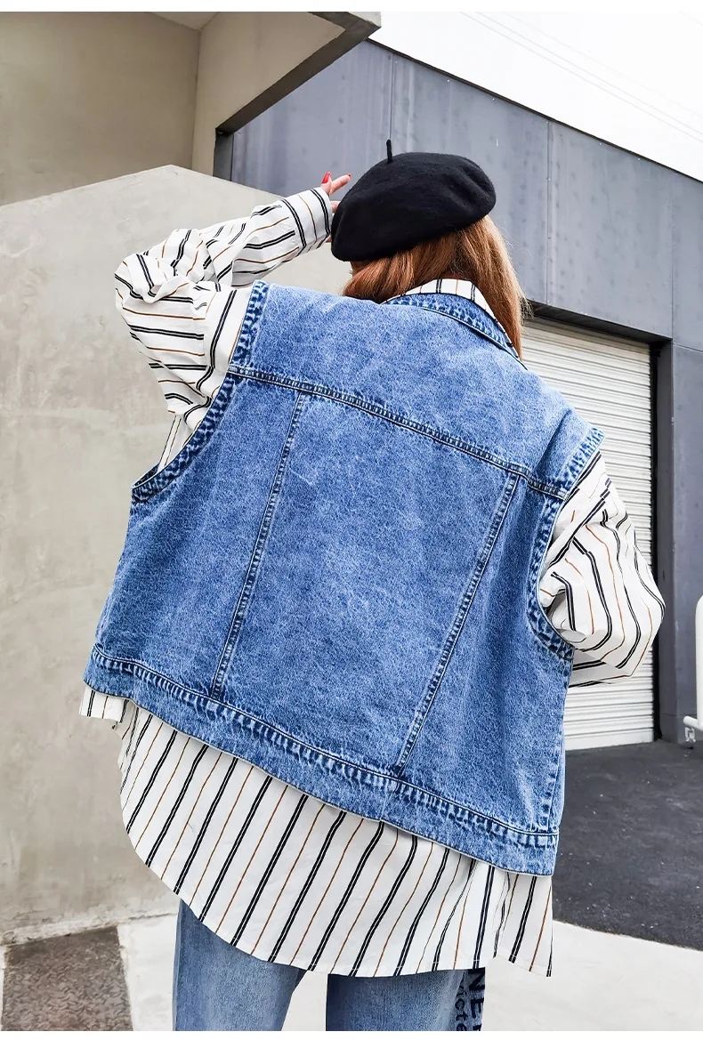 

QING MO Hole Patchwork Denim Blouse Women 2021 Spring Autumn Fake Two Piece Striped Blouse Plus Size Women Blouse Casual QYF249A