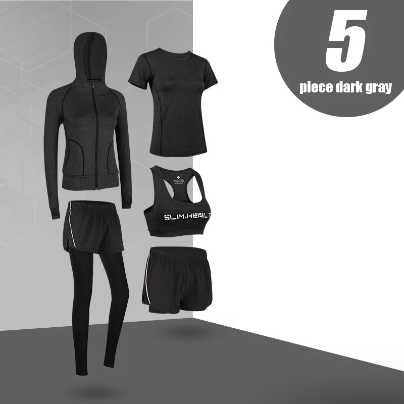 5-piece dark gray 5 шт. Набор для йоги для женщин одежда Бюстгальтер Спортивный Бег Фитнес Женская футболка одежда для фитнеса тренировочный спортивный костюм набор - Цвет: 5-piece dark gray