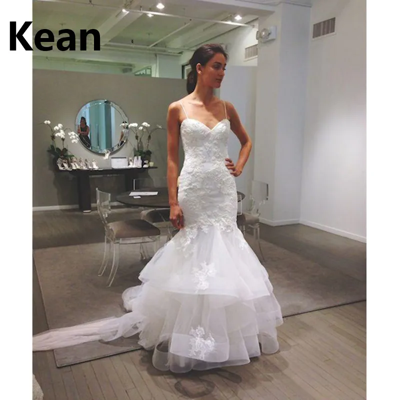 

Spaghetti Straps Mermaid Wedding Dress Applique Bead Ruffles Abiti Da Sposa vestido De Noiva Dubai Arabic Robe De Mariee