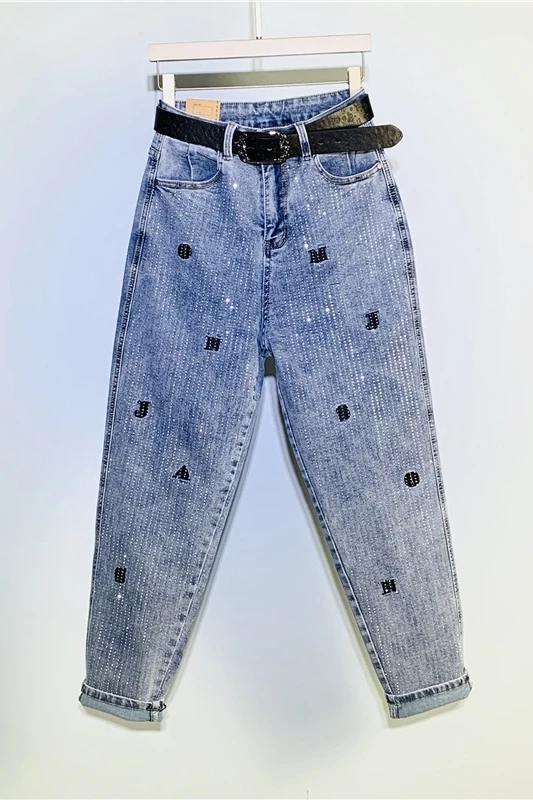 

2021 Spring New European Letter Embroidery Hot Drill Jeans for Women High Waisted Jeans Female Cross-pants Loose Trousers