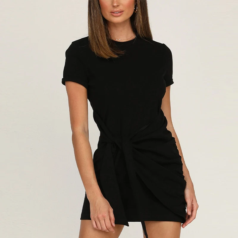 

Short Sleeve Women Mini Dress Solid Fashion Streetwear Irregular Belt O-Neck Elastic Slim Office Lady Casual Dresses Summer Nice