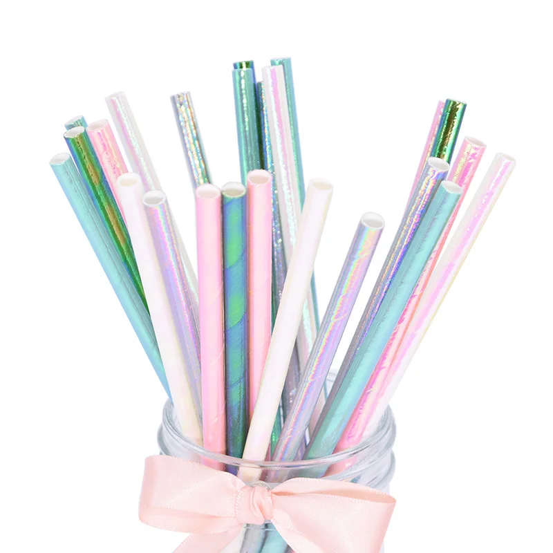 

25Pcs Rainbow Iridescent Paper Straws for Baby Shower Wedding Birthday Party Decoration Supplies Mix Paper Drinking Straws