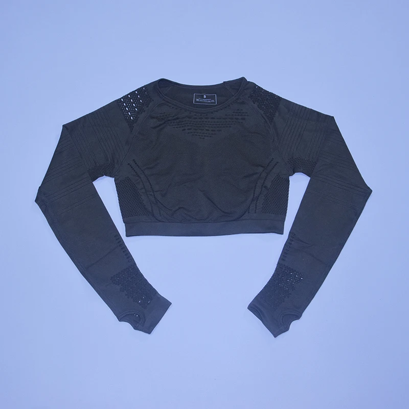 army green top Безупречный вязаный бесшовный комплект для йоги Женская одежда для фитнеса с длинным рукавом спортивная одежда леггинсы для спортзала полый укороченный топ 2 шт. спортивный костюм - Цвет: army green top
