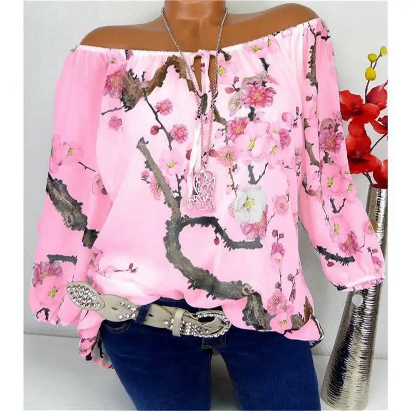 

Floral Off Shoulder Tops Ladies Plus Size Womens Bardot Loose Chiffon T Shirt
