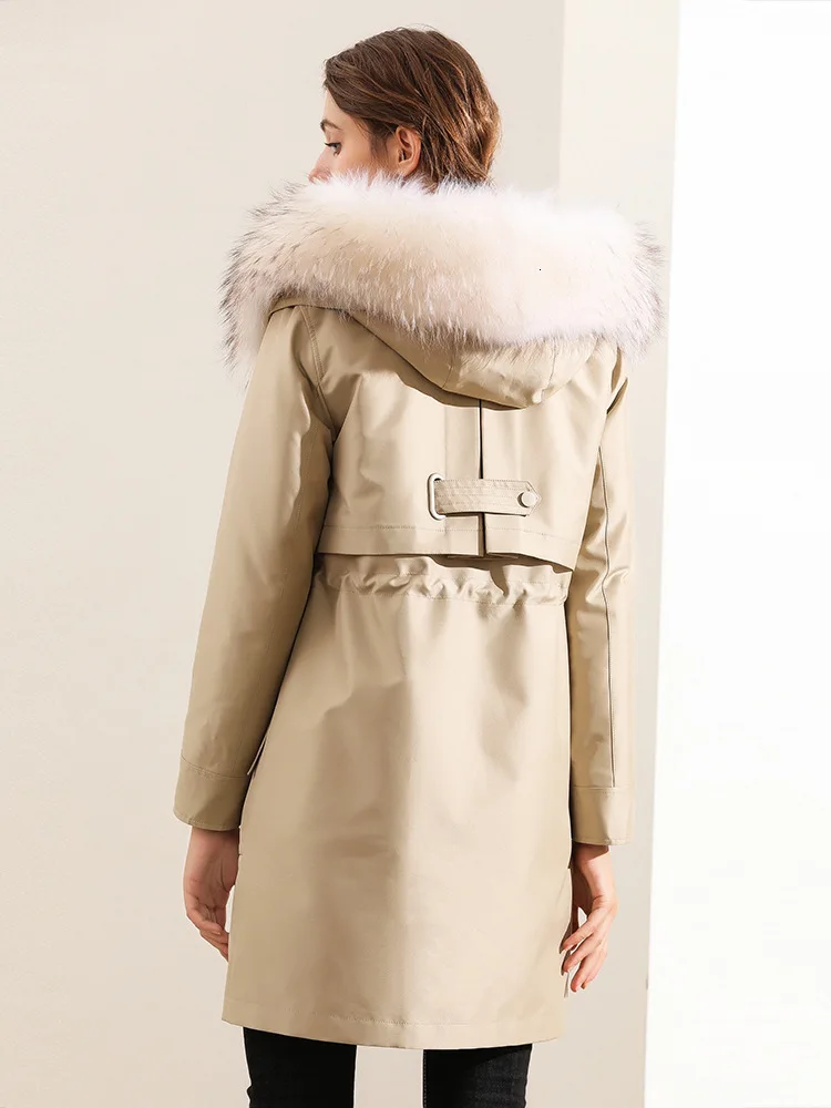 2020 большая длинная куртка с капюшоном и натуральным енотовым воротником Женское