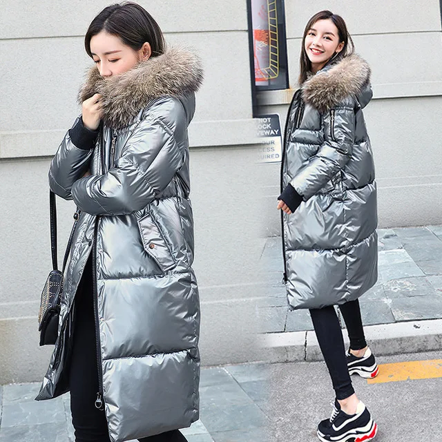 

Fashion 2019 New Women Winter Cotton Down Jacket Big Fur Warm Ultra Light Long Coat Female Parka Hooded Glossy Jackets Oversized