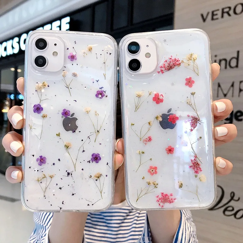 

Dry Flower Transparent Phone Case For iphone 11 12 Pro Max XS X XR 6S 7 8 Plus SE 2020 12Mini Glitter Soft Shockproof Back Cover