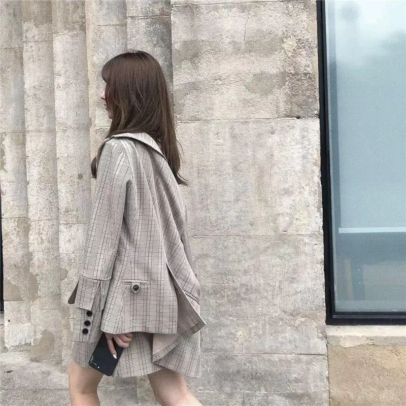 Женская куртка пальто и ремни Мини платье клетчатые костюмы ретро тонкий офисный