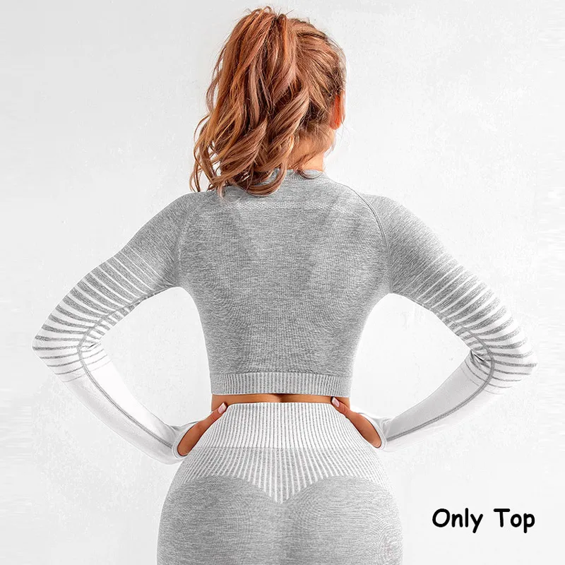 White Grey Top Женский бесшовный укороченный топ с длинным рукавом, оранжевые рубашки для йоги, спортзала, топы для тренировок, фитнеса, бега, Облегающая рубашка, спортивная одежда - Цвет: White Grey Top