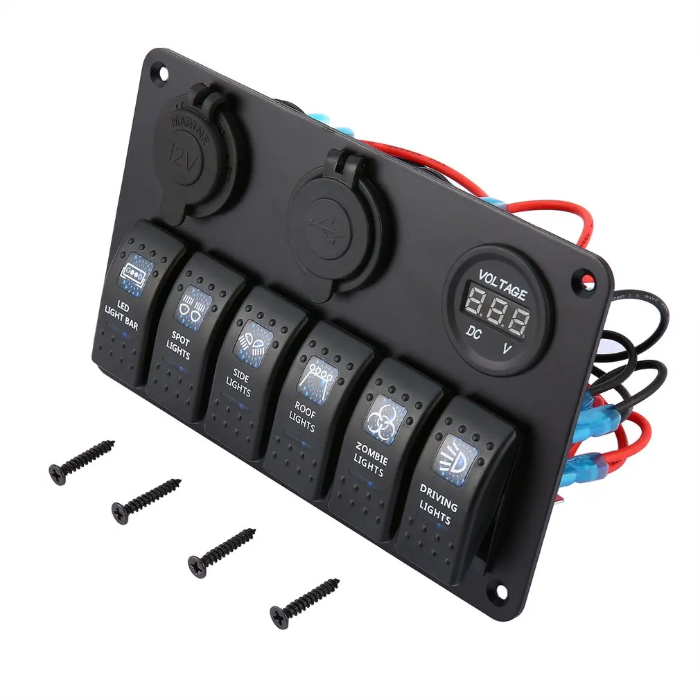 6 Gang Waterproof RV Car Marine Boat Circuit Breaker LED Rocker Switch Panel Dual USB Charger Cigarette Socket | Автомобили и