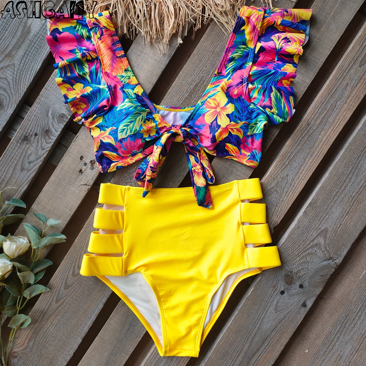 

2021 Print Swimwear Women High Waist Bikini Ruffle Swimsuit Push Up Bikinis Set Bathing Suit Beach wear Summer Biquini Female