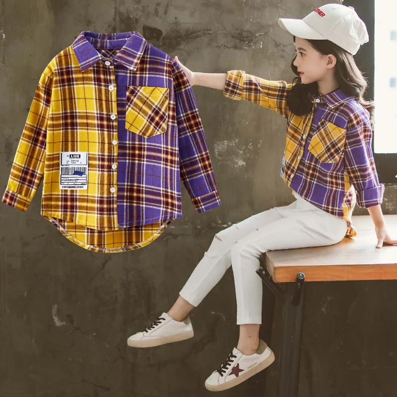 Модная Осенняя Блузка для девочек разноцветные рубашки в клетку с отстрочкой
