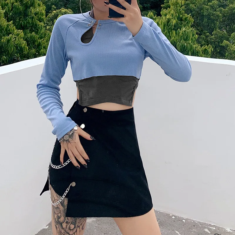 

Пикантные однотонные футболки с круглым вырезом Harajuku женские футболки Повседневный вязаный длинный рукав, из кусков, с рисунком, с открытым...