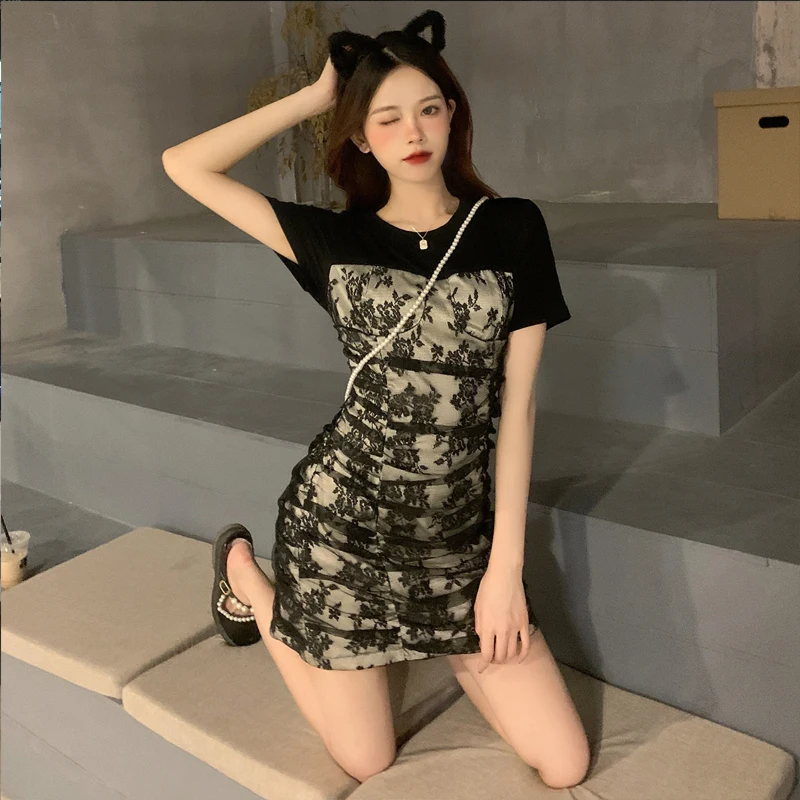 

Summer Women Black Short Sleeve Dresses Mesh Splicing Embroidery Slim Waist Dress Oversize Patchwork Vintage Female Mini Dress