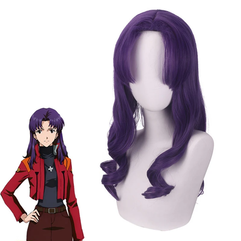 

Anime EVA Katsuragi Misato Cosplay Costume Wig Purple Long Heat Resistance Curly Synthetic Hair + Wig Cap Party Role-play Wig