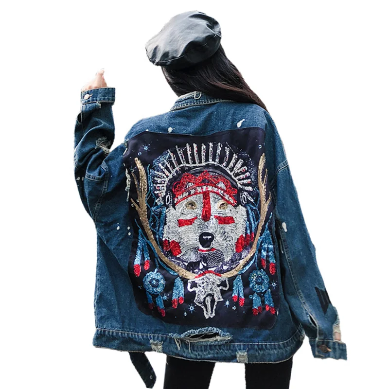 

Джинсовая куртка женская уличная мода вышитая бисером джинсовая куртка с отворотом с длинными рукавами в стиле хип-хоп женская Свободная джинсовая куртка