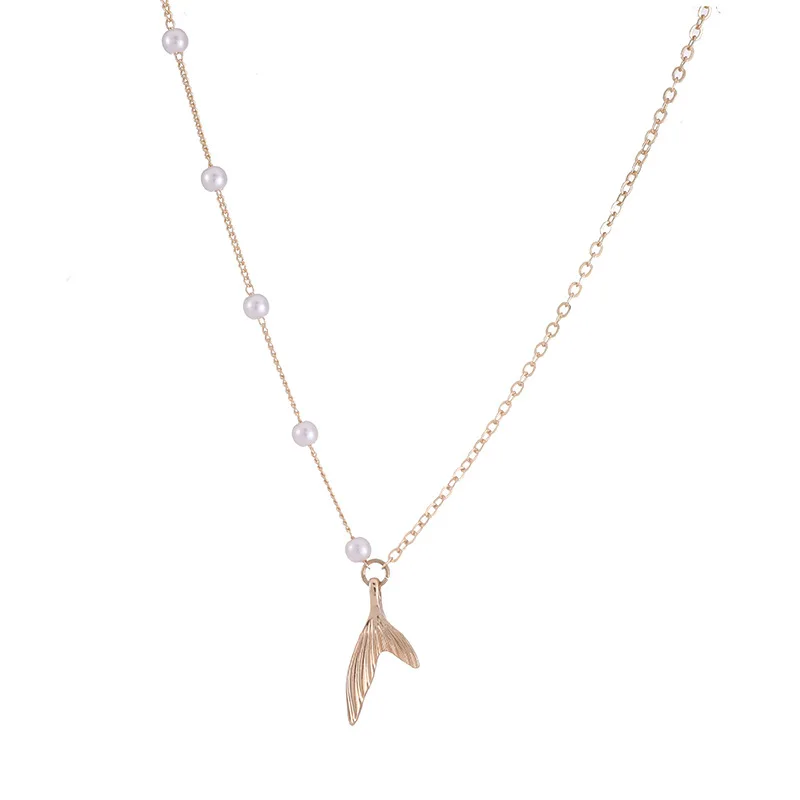 

New Trendy Pearls Chain Whale Tail Fish Chokers Necklace Charm Mermaid Tail Pendant Necklace Jewelry For Women