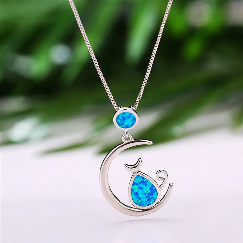 Cute Female Big Cat Moon Pendants Necklaces Silver Color Wedding For Women Boho White Blue Fire Opal Necklace | Украшения и
