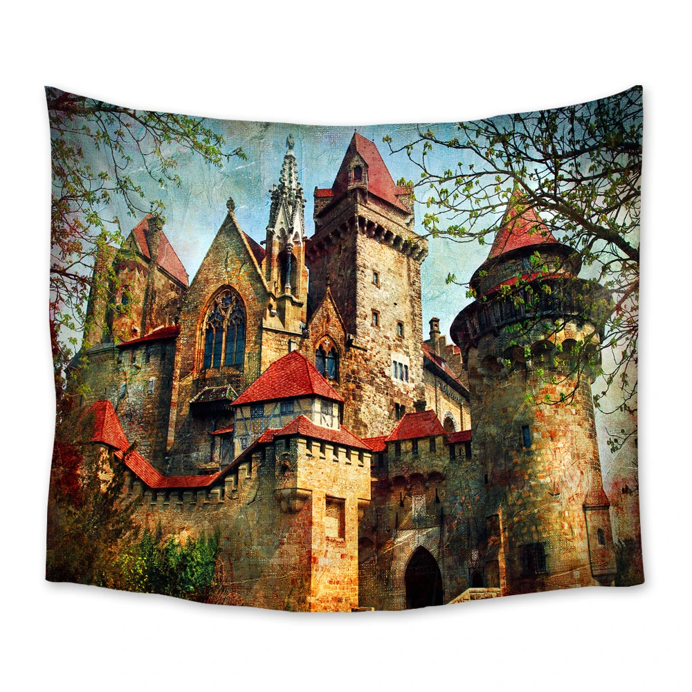 Винтажный гобелен в средневековом стиле с изображением замка пляжное полотенце