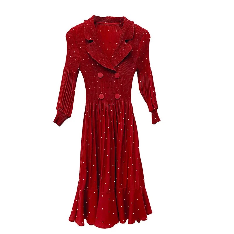 

LANMREM 2021 New Autumn Lapel Wave Point Big Hem Pleated Dress Women Streetwear Slim Temperament Loose Dress Fashion Tide PD644