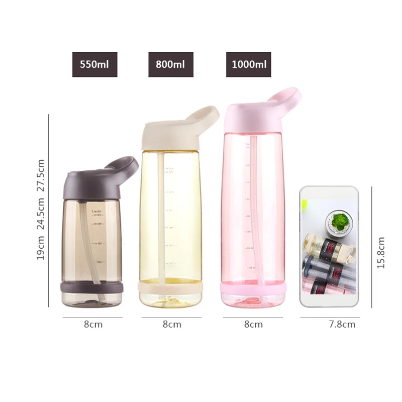 

550ml/850ml/1000ml Straw Water Bottles BPA Free Leak-Proof Eco-friendly with Lid Hiking Camping Plastic Travel Bottle