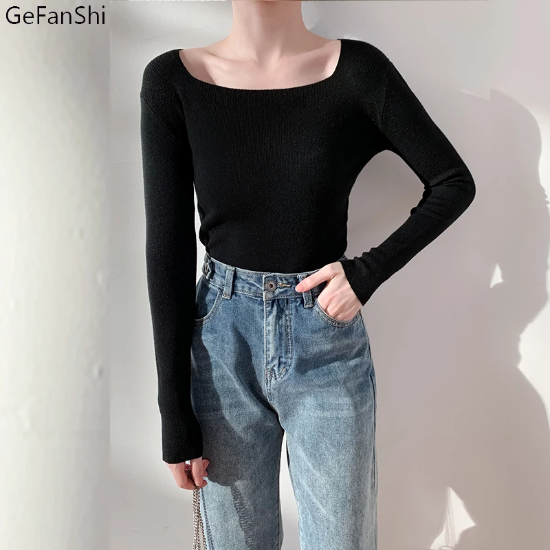 

2022 New Autumn Winter Slim Square Collar Solid Slim Knitting Top Sweater Women's Clothing Sexy Bastic Sweater Black