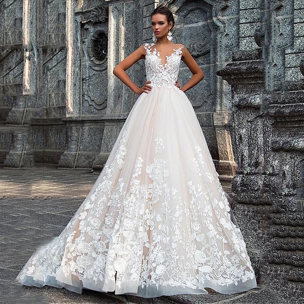 

Gorgeous A-Line Wedding Dresses Sexy Scoop Neck Backless 3D Flora Lace Appliques Elegant Bridal Gown Custom Robe De Marriage