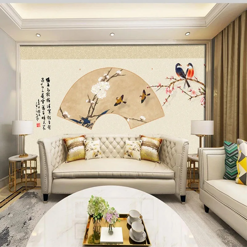 

Custom Photo Wallpaper 3D New Chinese Fan Noodle Flower and Bird Hotel Background Wall Stickers Papel De Parede Tapety Fresco