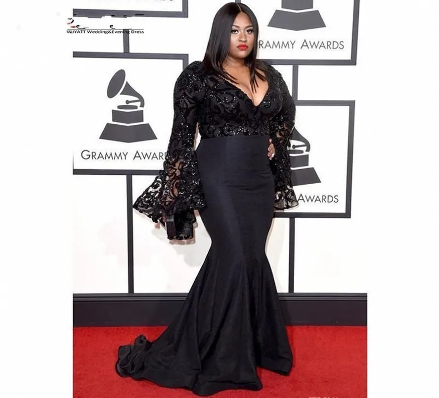 

Black Plus Size Evening Dresses Long Puffy Sleeves Top Sequins Prom Party Gowns Black Celebrity Dress Mermaid robe de soriee