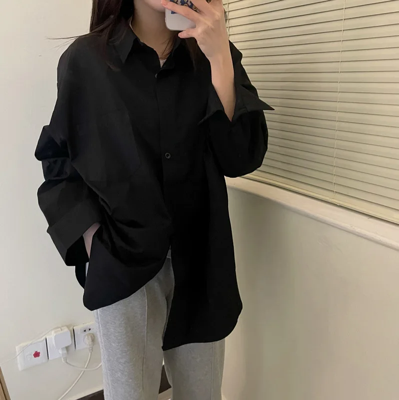 

TVVOVVIN Spring New Loose Solid Color Simple Long Sleeve Shirt Casual All-match Split Mid-length Shirt Women JKPB
