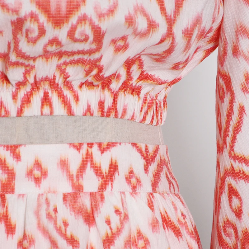 

CHICEVER Elegant Print Two Piece Set For Women O Neck Lantern Long Sleeve Lace Up Short Tops High Waist Skirts Sets Female 2021