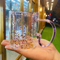 korean kawaii star cup girl sequin heart double glass coffee cup with heat resistant handle transparent juice cup wine glasses