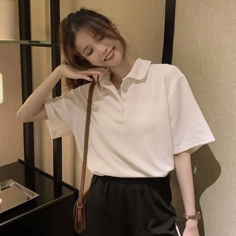 

Summer 2021 New Korean Style Anti-Aging Pink Polo Shirt Loose Versatile Half-Length Sleeve Top College Style Short Sleeve
