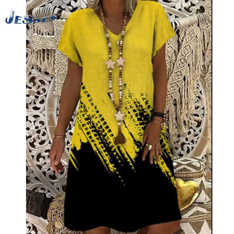 

Retro Style Mid-length Dress V-neck 3D Printing Short-sleeve Dresses Summer Oversize Dress Vestidos Casual Femme Streetwear