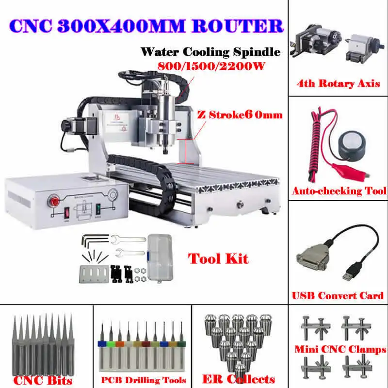 

Diy Mini CNC 3040 4axis 2200W Engraving Machine 1500W 800W Water Cooling Spindle Wood Lathe Metal Router USB Interface Tool Kit