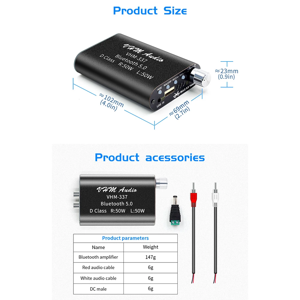 

Mini Bluetooth 5.0 HiFi 2.0 Channel Digital Amplifier Stereo Home Audio Amplifier 100W AUX/USB Input Left+Right Channels Output